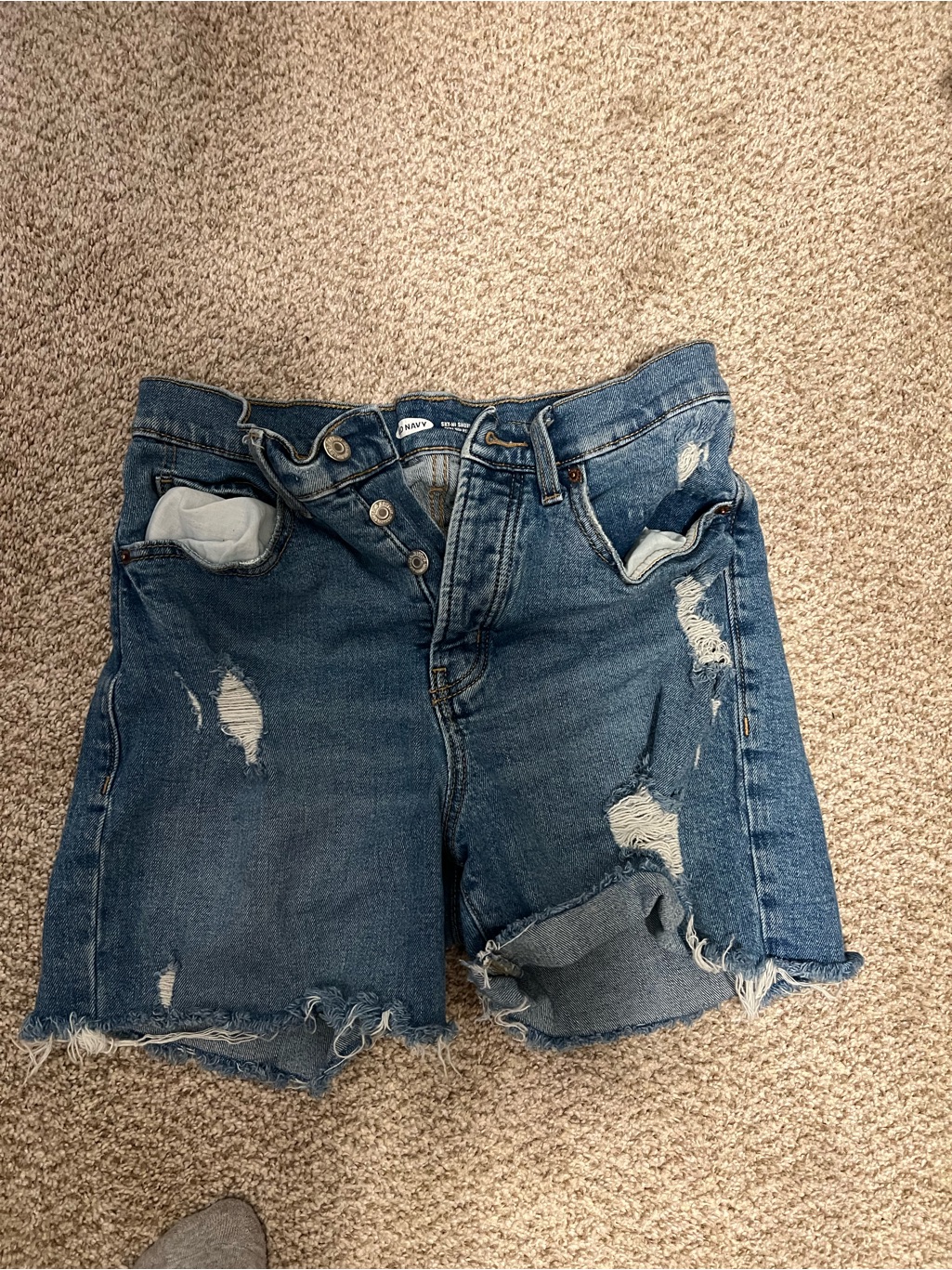 Distressed High-Rise Denim Shorts - Blue